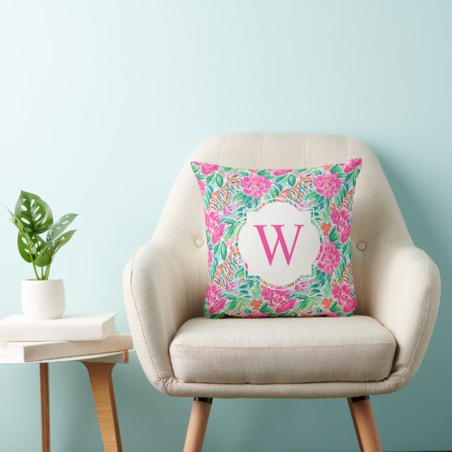 Preppy Palm Beach Print Tiger Flowers Monogram Cushion (Chair)