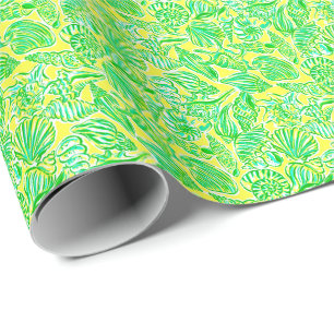 Preppy Palm Beach Print Yellow & Green Seashells Wrapping Paper