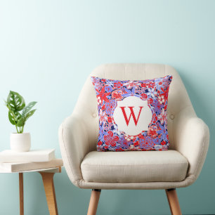 Preppy Palm Beach Red White Blue Flowers Monogram Cushion