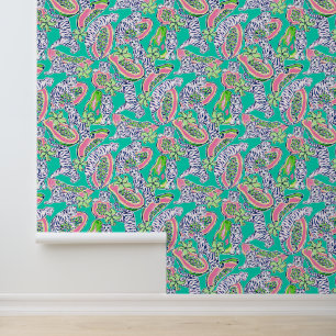Preppy Palm Beach Teal Tigers & Papayas Wallpaper