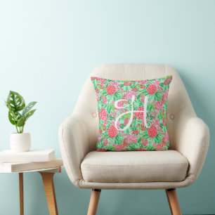 Preppy Palm Beach Tropical Flowers Monogram Cushion