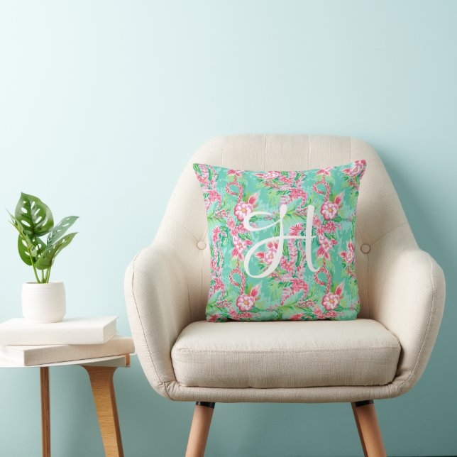 Preppy Palm Beach Tropical Flowers Monogram Cushion (Chair)