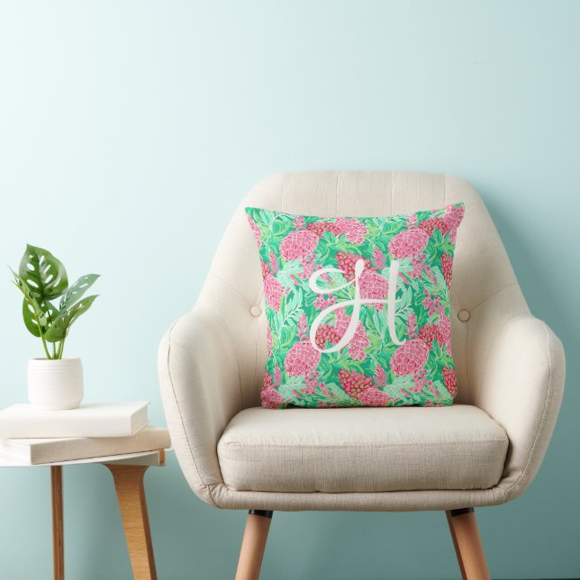 Preppy Palm Beach Tropical Flowers Monogram Cushion (Chair)