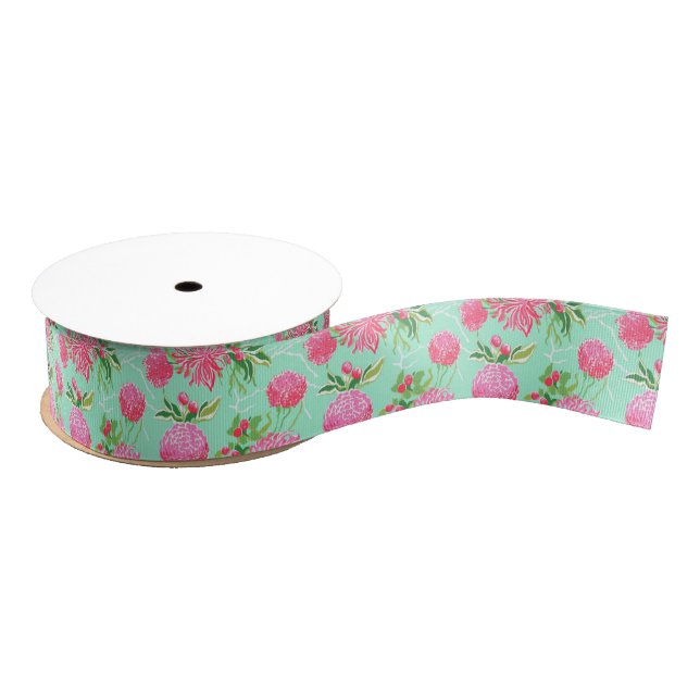 Preppy Palm Beach Tropical Flowers Pattern Grosgrain Ribbon (Spool)