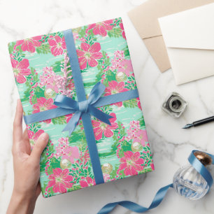Preppy Palm Beach Tropical Flowers Pattern Wrapping Paper