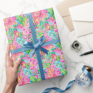 Preppy Palm Beach Tropical Flowers Pattern Wrapping Paper