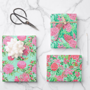 Preppy Palm Beach Tropical Flowers Pattern Wrapping Paper Sheet