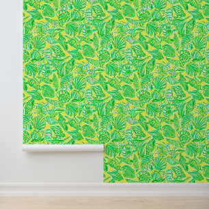 Preppy Palm Beach Yellow & Green Seashells Wallpaper