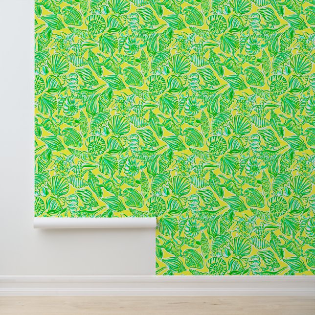 Preppy Palm Beach Yellow & Green Seashells Wallpaper (Application)