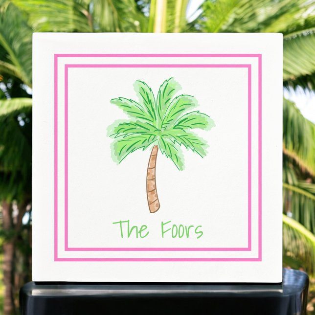 Preppy Palm Tree Personalised Border Lunch Dinner Napkin (Creator Uploaded)