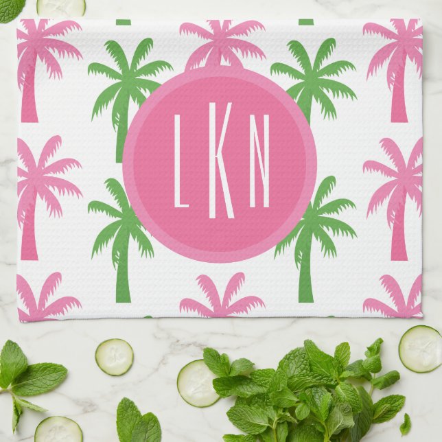 Preppy Palm Trees Monogrammed Kitchen Towel (Folded)