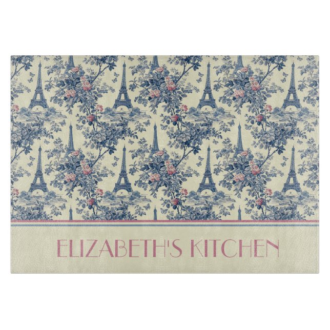 Preppy Paris Toile Pink and Blue Monogram Cutting Board (Front)