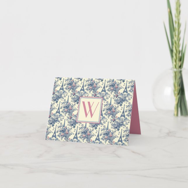 Preppy Paris Toile Pink and Blue Monogram Note Card (Front)