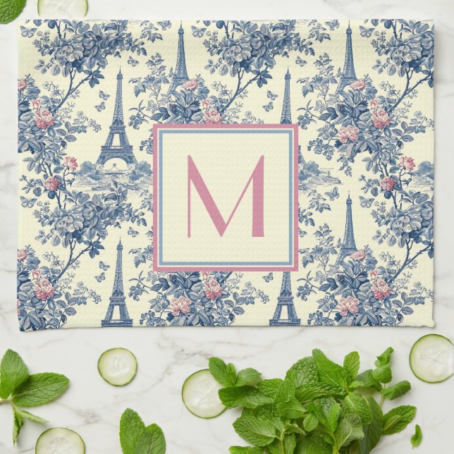 Preppy Paris Toile Pink and Blue Monogram Tea Towel (Folded)
