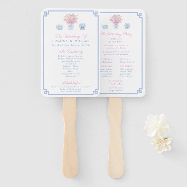Preppy Pastel Blue And Pink Chinoiserie Wedding Hand Fan (Front and Back)