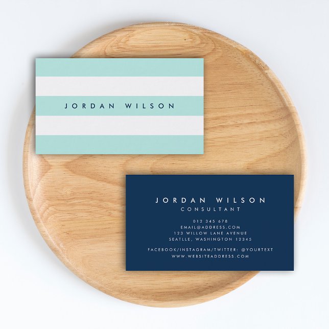 Preppy Pastel Mint and White Stripes Blue Business Card (Creator Uploaded)