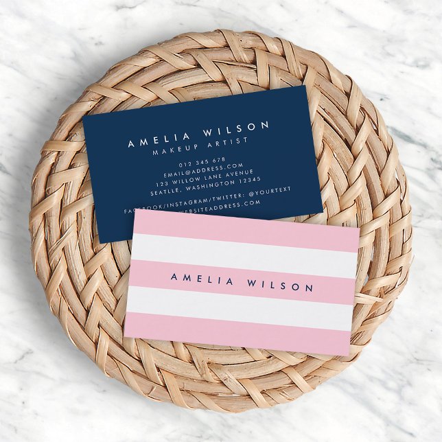 Preppy Pastel Pink and White Stripes Blue Business Card (Creator Uploaded)