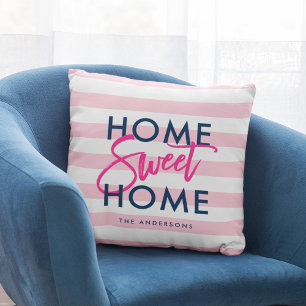 Preppy Pastel Pink & White Blue Home Sweet Home Cushion