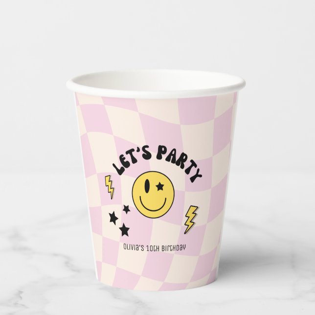 Preppy Pastel Pink Y2K Retro Birthday Paper Plate Paper Cups (Front)