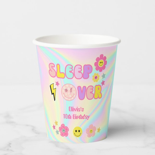 Preppy Pastel Pink Y2K Sleep Over Birthday Paper Cups (Front)
