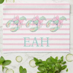 Preppy Pastel Watercolor Lobster Monogram Tea Towel