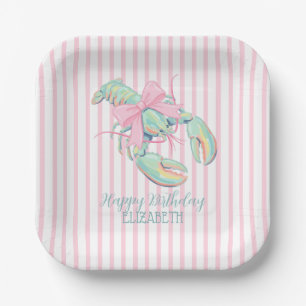 Preppy Pastel Watercolor Lobster on Stripes Paper Plate