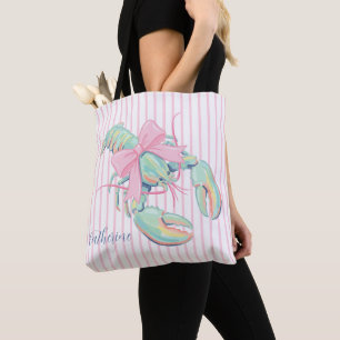 Preppy Pastel Watercolor Lobster on Stripes Tote Bag