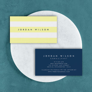 Preppy Pastel Yellow and White Stripes Blue Business Card