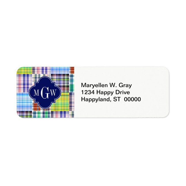 Preppy Patchwork Madras Navy Quatrefoil  Monogram (Front)