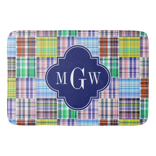 Preppy Patchwork Madras Navy Quatrefoil  Monogram Bath Mat (Front)