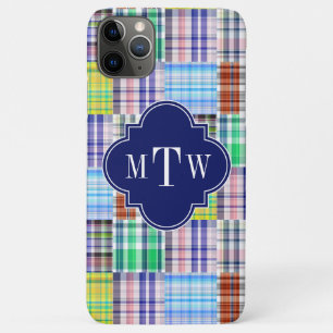 Preppy Patchwork Madras Navy Quatrefoil  Monogram iPhone 11 Pro Max Case