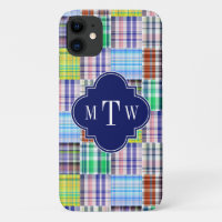 Preppy Patchwork Madras Navy Quatrefoil  Monogram