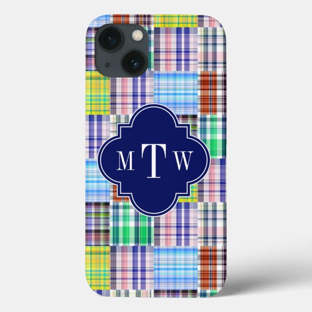 Preppy Patchwork Madras Navy Quatrefoil  Monogram Case-Mate iPhone Case (Back)