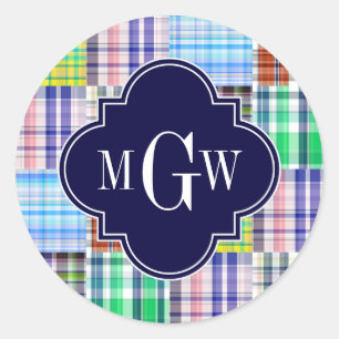 Preppy Patchwork Madras Navy Quatrefoil Monogram Classic Round Sticker