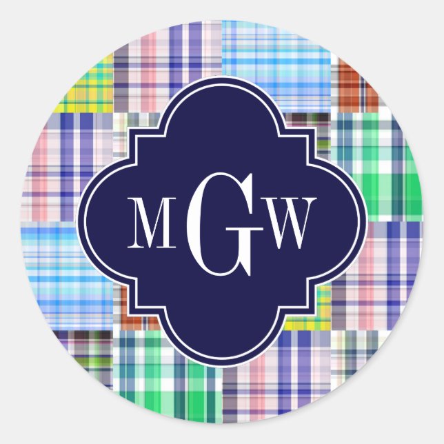 Preppy Patchwork Madras Navy Quatrefoil  Monogram Classic Round Sticker (Front)
