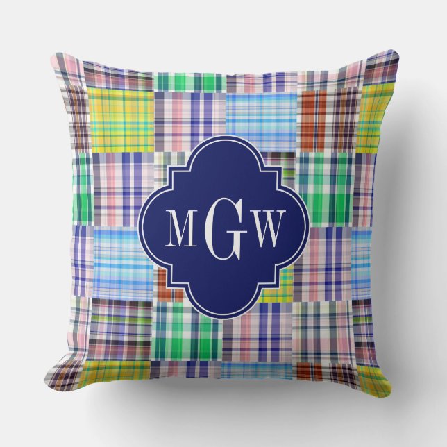 Preppy Patchwork Madras Navy Quatrefoil  Monogram Cushion (Front)