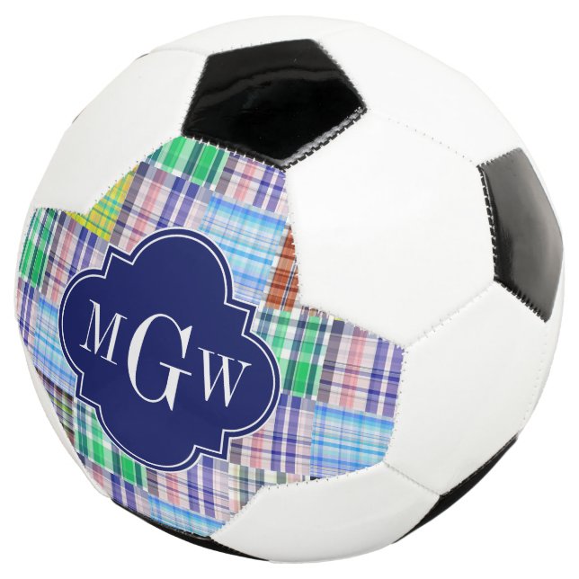 Preppy Patchwork Madras Navy Quatrefoil  Monogram Football (Three Quarter)
