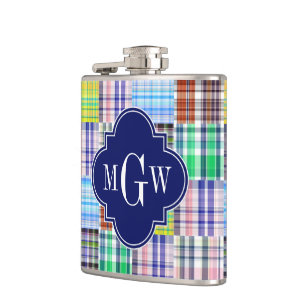 Preppy Patchwork Madras Navy Quatrefoil Monogram Hip Flask