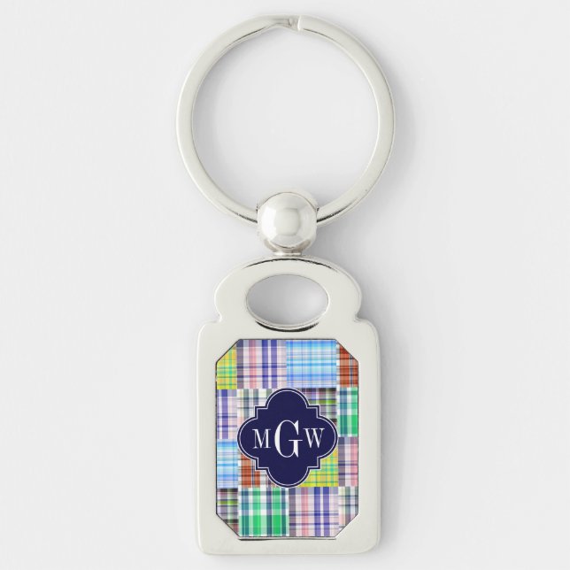 Preppy Patchwork Madras Navy Quatrefoil  Monogram Key Ring (Front)