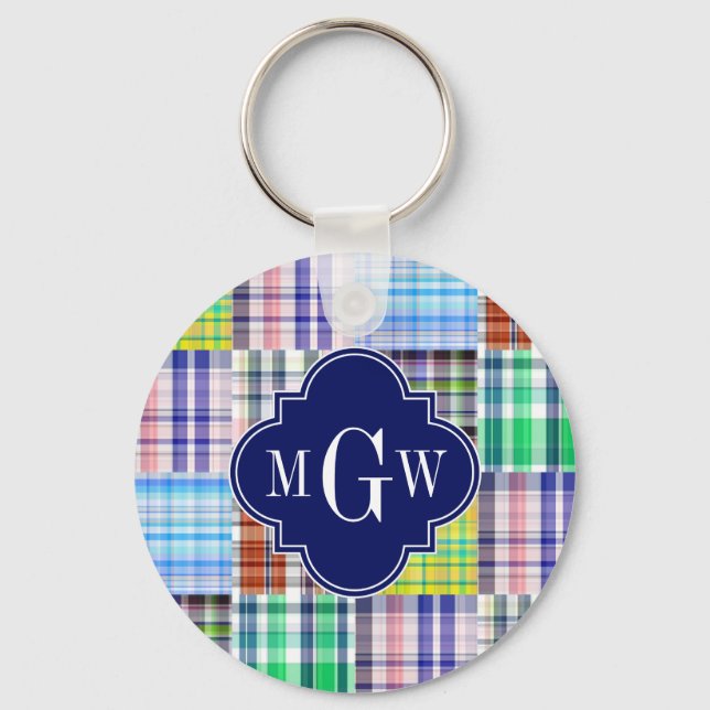 Preppy Patchwork Madras Navy Quatrefoil  Monogram Key Ring (Front)
