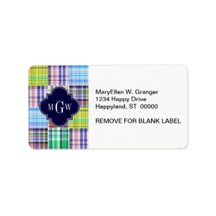 Preppy Patchwork Madras Navy Quatrefoil  Monogram Label