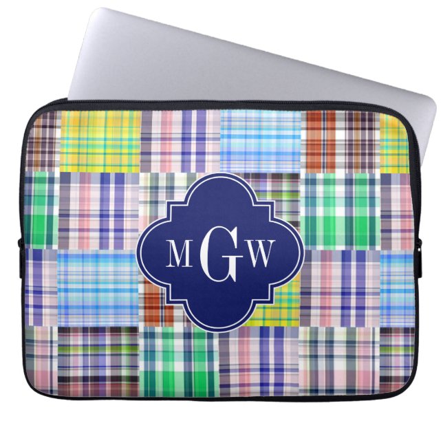Preppy Patchwork Madras Navy Quatrefoil  Monogram Laptop Sleeve (Front)