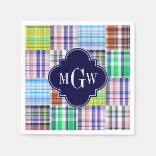 Preppy Patchwork Madras Navy Quatrefoil Monogram Napkin