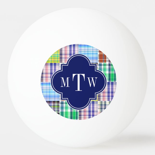 Preppy Patchwork Madras Navy Quatrefoil  Monogram Ping Pong Ball (Front)