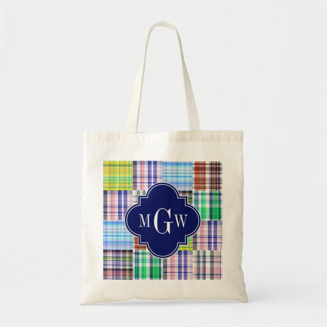 Preppy Patchwork Madras Navy Quatrefoil  Monogram Tote Bag (Front)