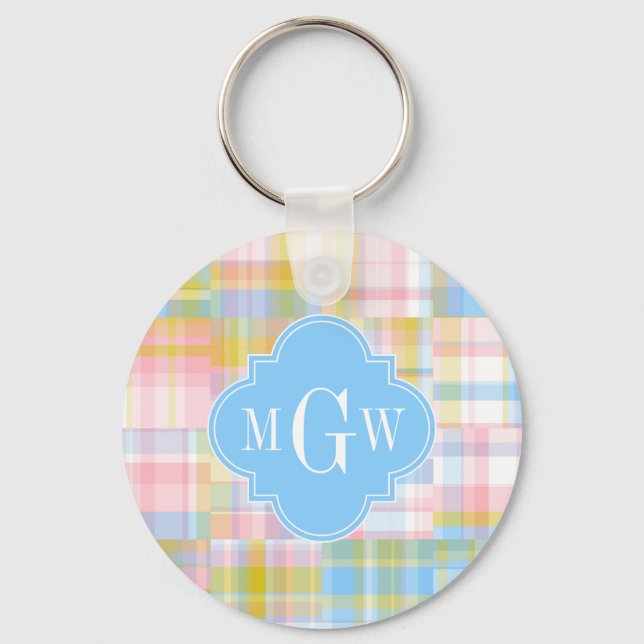 Preppy Patchwork Madras Pastel Quatrefoil Initials Key Ring (Front)
