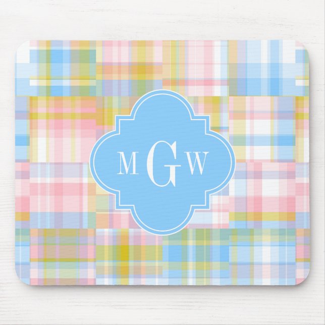 Preppy Patchwork Madras Pastel Quatrefoil Initials Mouse Mat (Front)