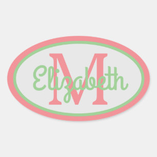 Preppy Peach and Sage Green Monogram Oval Sticker