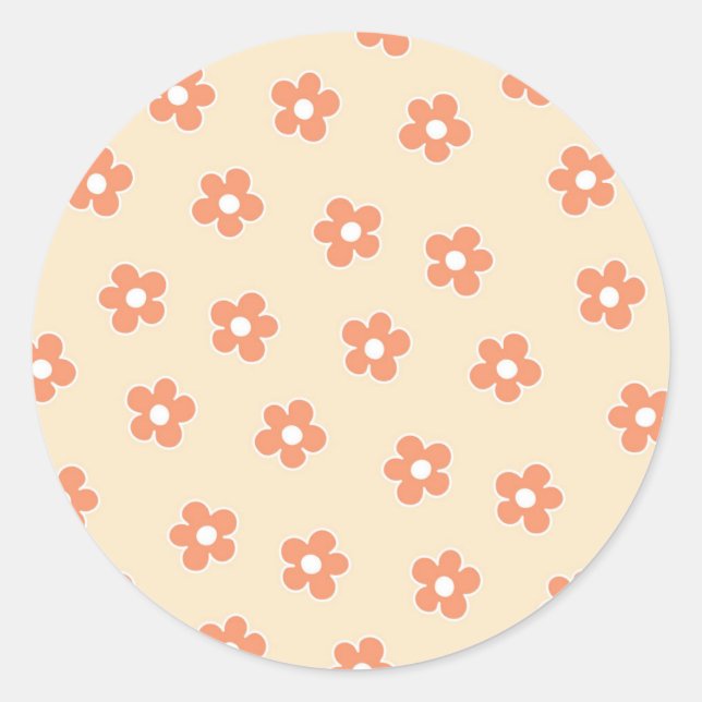 Preppy Peach White Hippie Flower Pattern Classic Round Sticker (Front)
