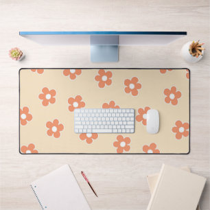 Preppy Peach White Hippie Flower Pattern Desk Mat
